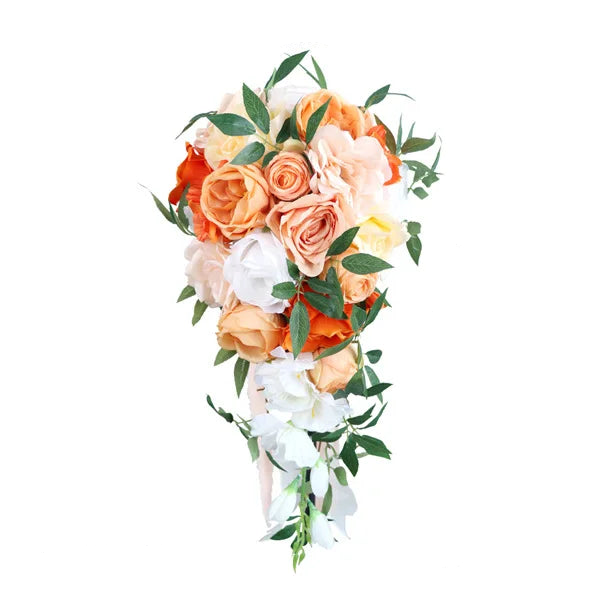 Tejesa Autumn Wedding Bouquet Vintage Terracotta Orange Sunflower Rose Bridal Cascading Bouquets for Fall Wedding Ceremony