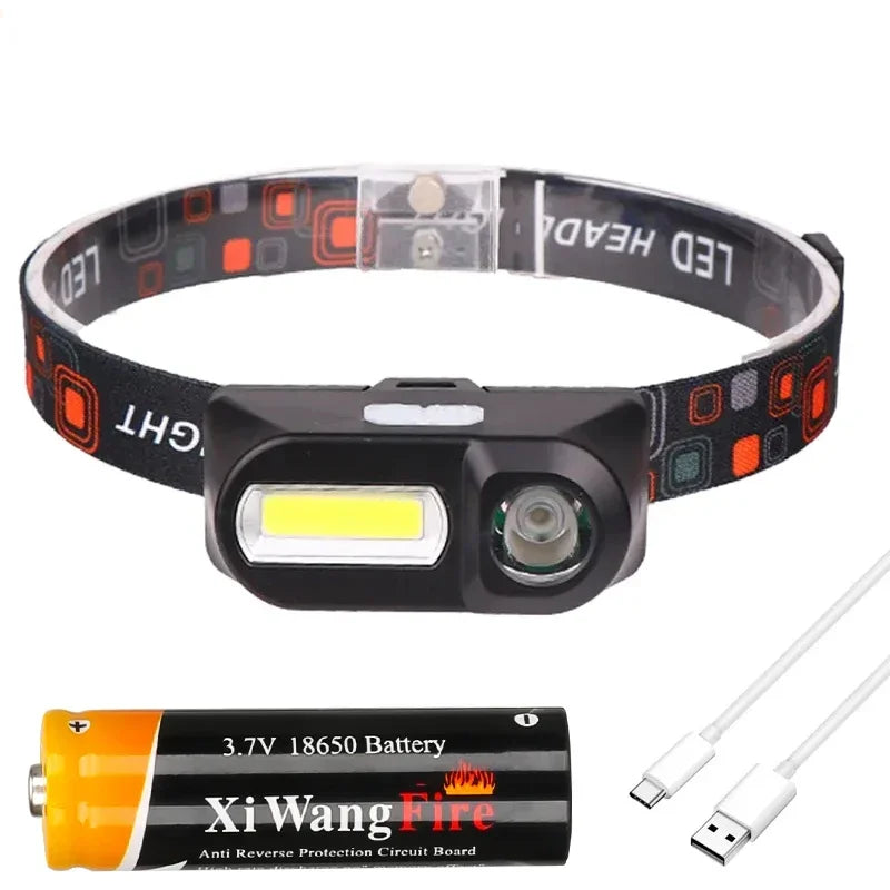 Hemasa Super Bright Mini LED Headlamp USB Rechargeable 18650 Battery Headlight Dual Light Source Outdoor Camping Hunting Head Lamp