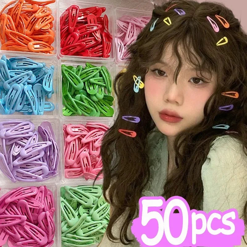Hemasa 10/50pcs Sweet Waterdrop Snap Hair Clips Women Girls Cute Candy Color Metal BB Hairpins Barrettes Bobby Headwear Slid Pins