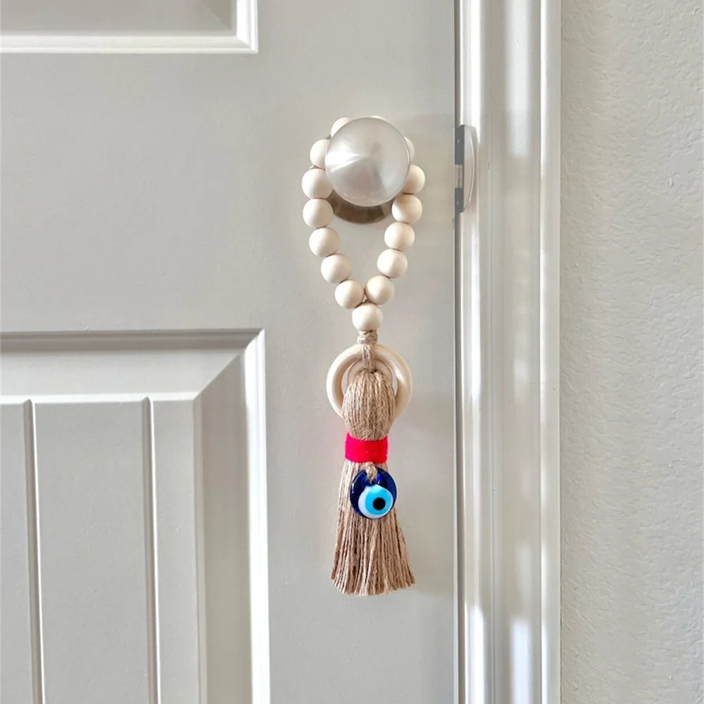 Wooden Guardian Amulet Tassel with Glass Evil Eye Bead Door-Knob Handle Hanging Modern Home Aesthetic Décor Home Decor Gift