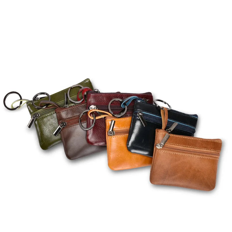 Genuine Leather Small Coin Purse Wallet Ladies Multi-function Card Holder Key Bag Vintage Zipper Coin Bag with Wrist strap