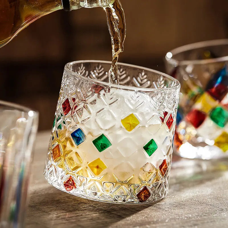 Hemasa 250 ml Rotating Crystal Whiskey Glasses With Wooden Coaster Tray/ Colored Glass Cup/ Colored Stress Relief Glass Cup