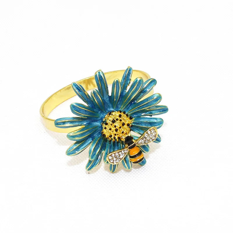 Hemasa 6Pcs Flower Bee Napkin Rings /Metal Daisy Flower Napkin Rings