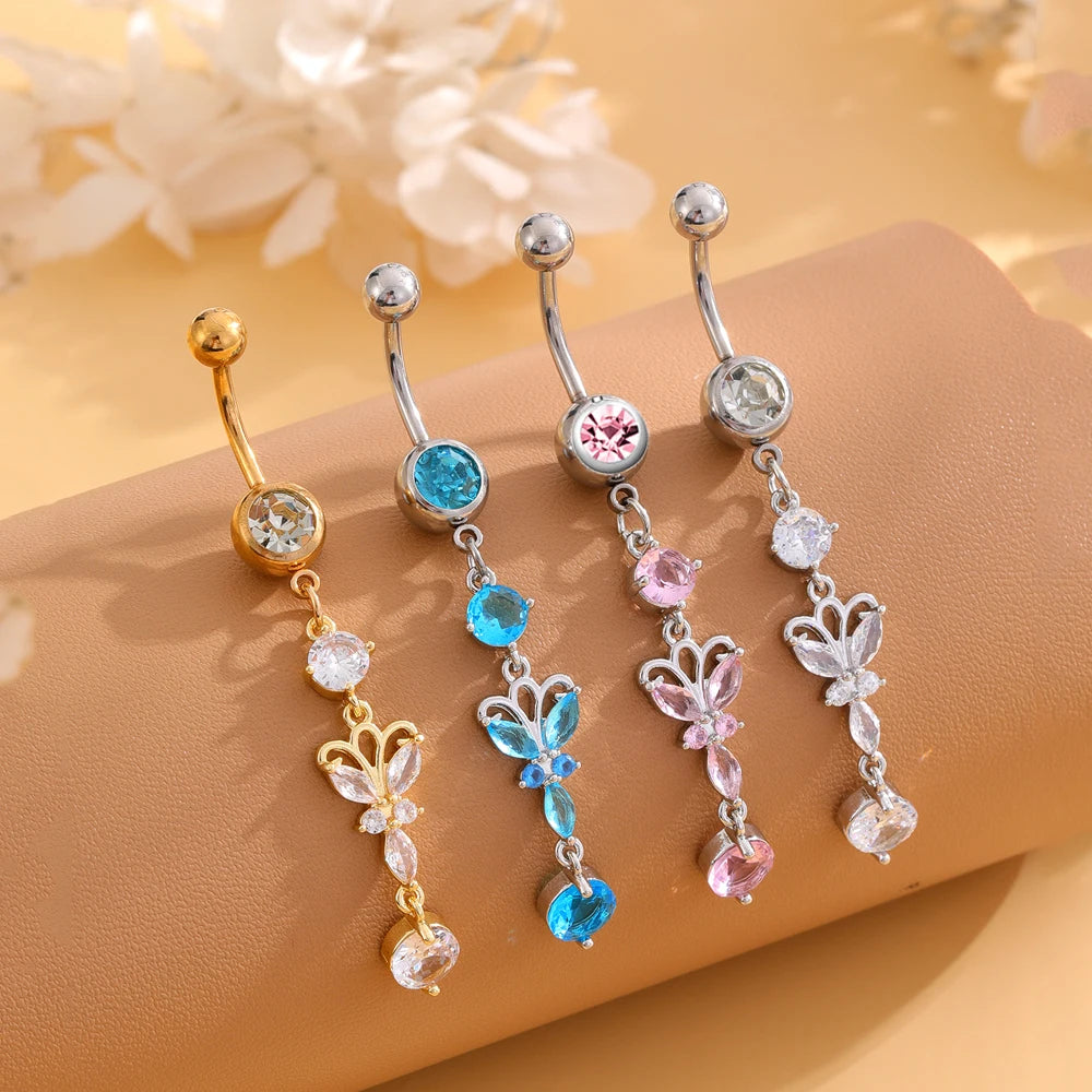 1pc Dragon Butterfly Flower Heart Belly Button Rings Blue Pink Crystals Zircon Dangled Navel Belly Piercing Nombril for Women
