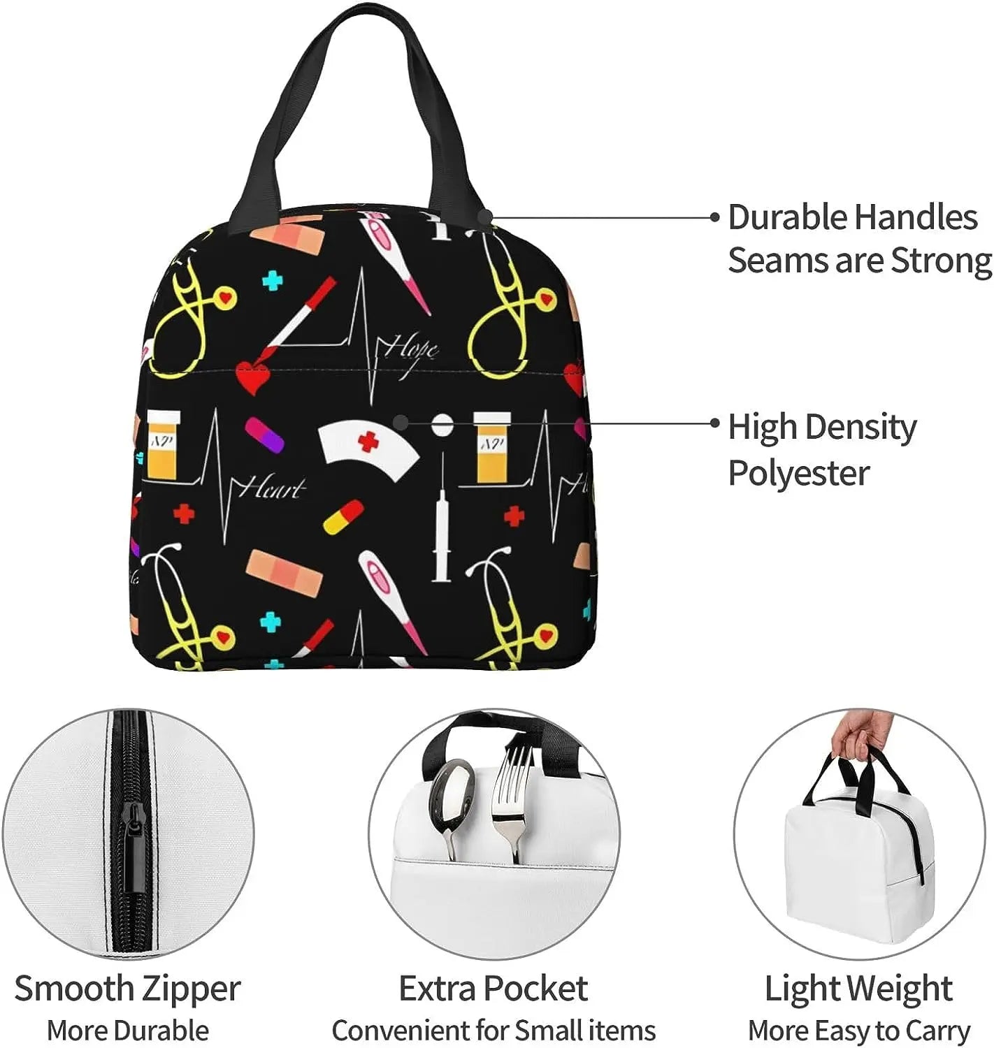 Hemasa Reusable Insulated Lunch Bag Leakproof Portable Lunch Box with Side Pocket for Work Picnic Travel
