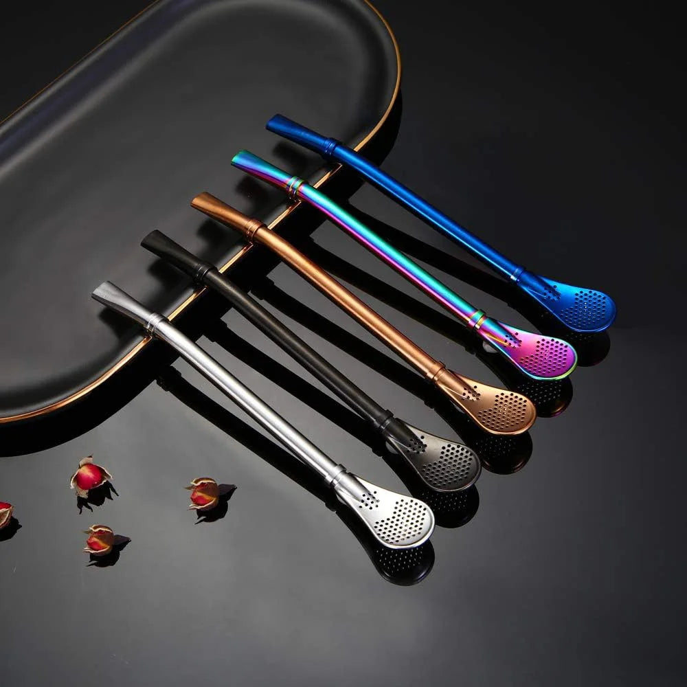 1-10Pcs 304 Stainless Steel Drinking Straw Spoon Tea Filter Reusable Bombilla Gourd Cocktail Straw Spoon Coffee Bar Accessory