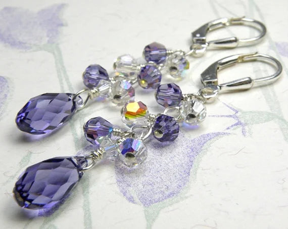 Tanzanite crystal earrings, sterling silver, bridesmaid pendant wedding jewelry, December birthday presents for women