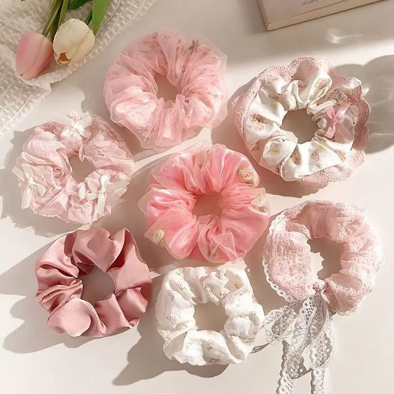 7pcs Spring and summer floral pig large intestine hair loop, high-end hair accessory with tied ponytail and headband