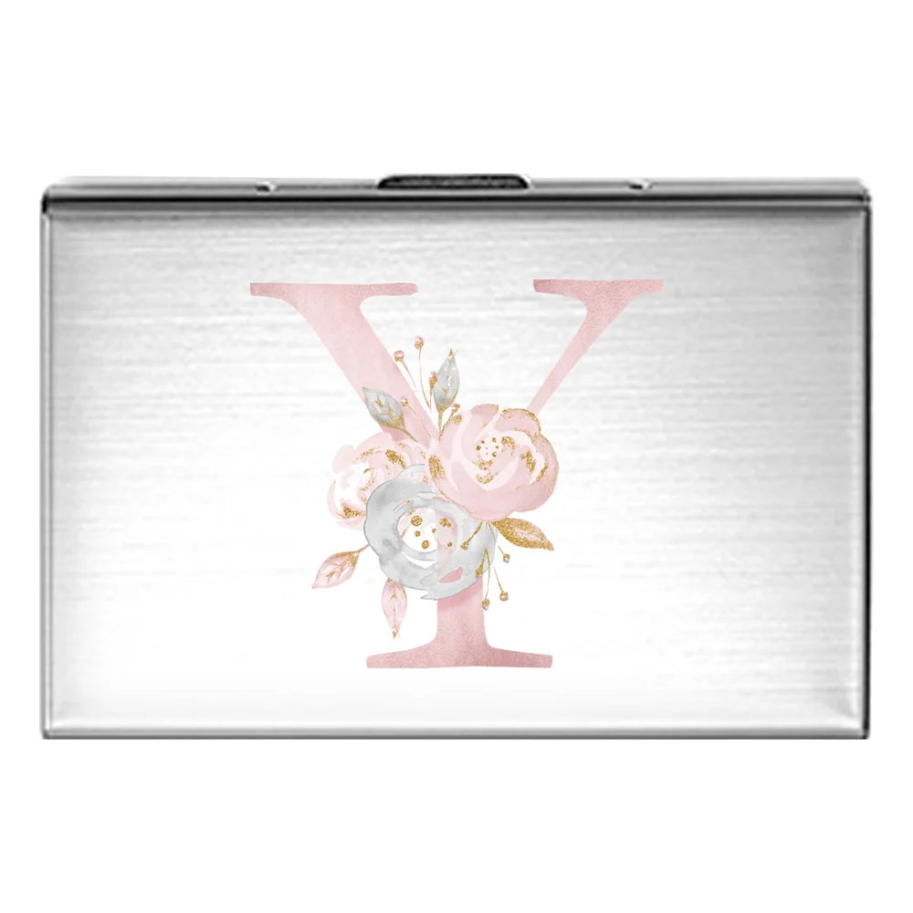 Tejesa Metal Business Card Holder - Slim Pocket Business Card Case for Unisex /Stainless Steel IC Cards /Pink Flower Print Series
