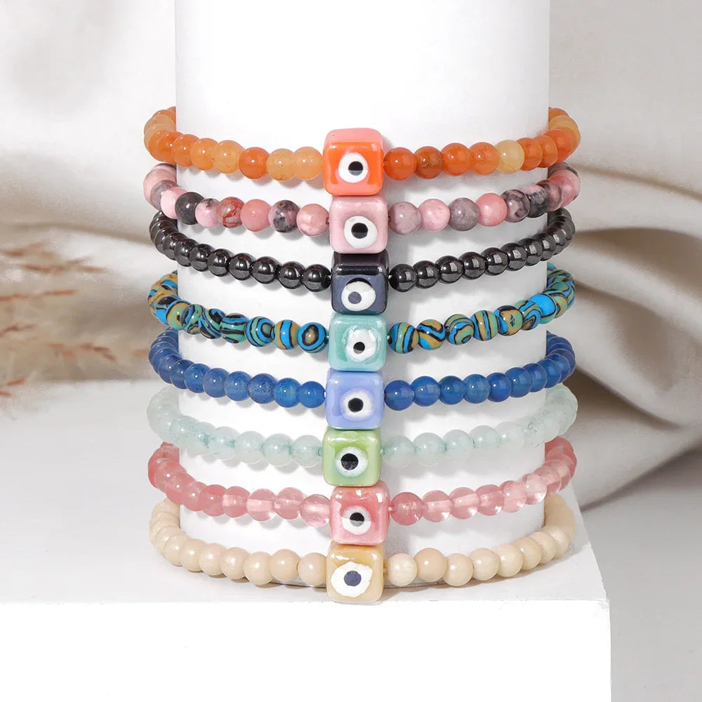 Tejesa Square Eye Bracelet Natural Stone 4mm Beads Elastic Bracelets for Women Men Turkish Evil Eye Lucky Protection Blessing Jewelry