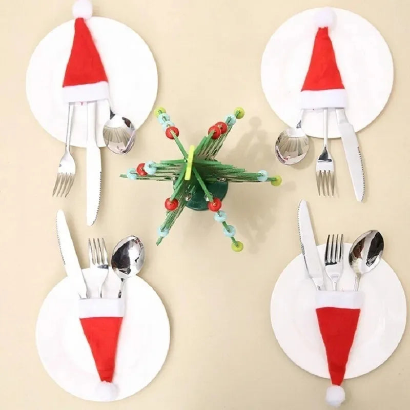 Hemasa Merry Christmas Tableware Bag Holder Christmas Hat Fork Knife Cutlery Bag Christmas Decorations for Home