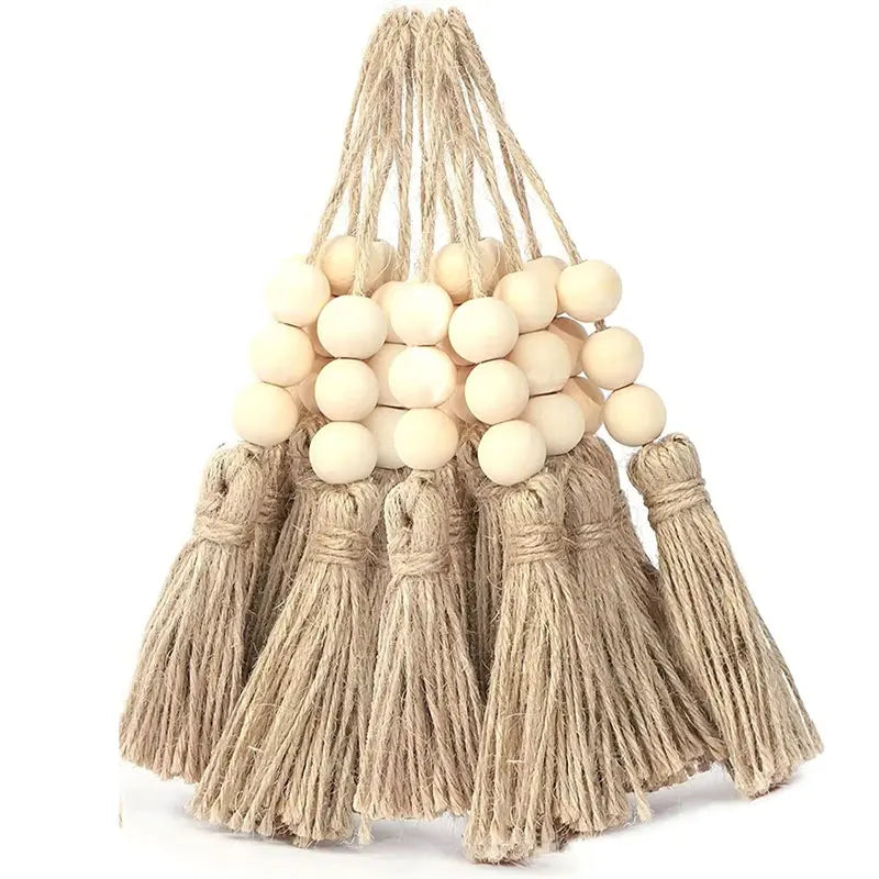 1pcs Tassel Fringe Jute Rope Tassels with 3 Wood Beads Hemp Burlap Tassels for DIY Craft Curtain Home Party Decorations