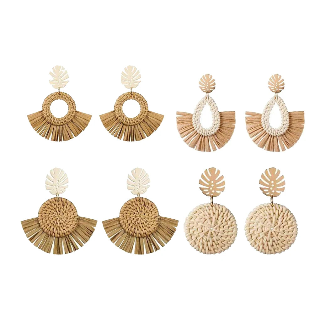 Hemasa 6 Pack Rattan Earrings Lightweight Handmade Bohemia Style Fashion Straw  Ear Studs