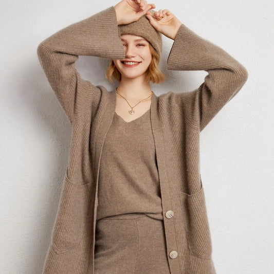 Women Cardigans 100% CASHMERE Knitwear Long Jackets Loose Winter Soft Warm Vneck Clothes Ladies Sweater FN01