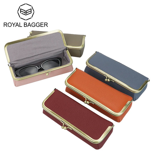 Royal Bagger Genuine Leather Glasses Case, Fashion Pencil Bag with Kiss Lock, Portable Coin Purse for Women 1840