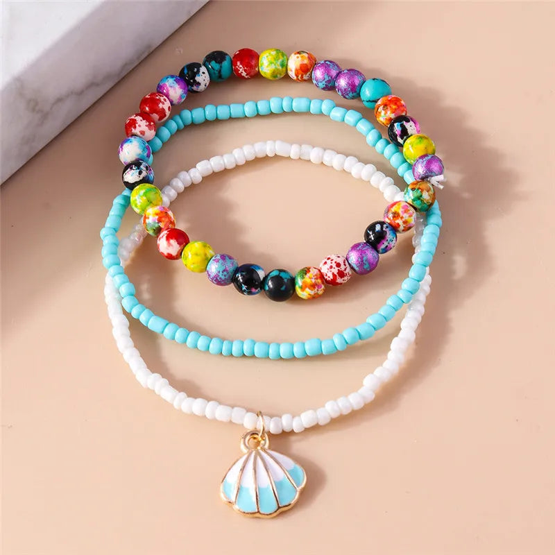 Bohemia Multilayer Colorful Beaded Bracelets Set For Women Heart Shell Flower Butterfly Charms Bracelet Summer Jewelry Gifts