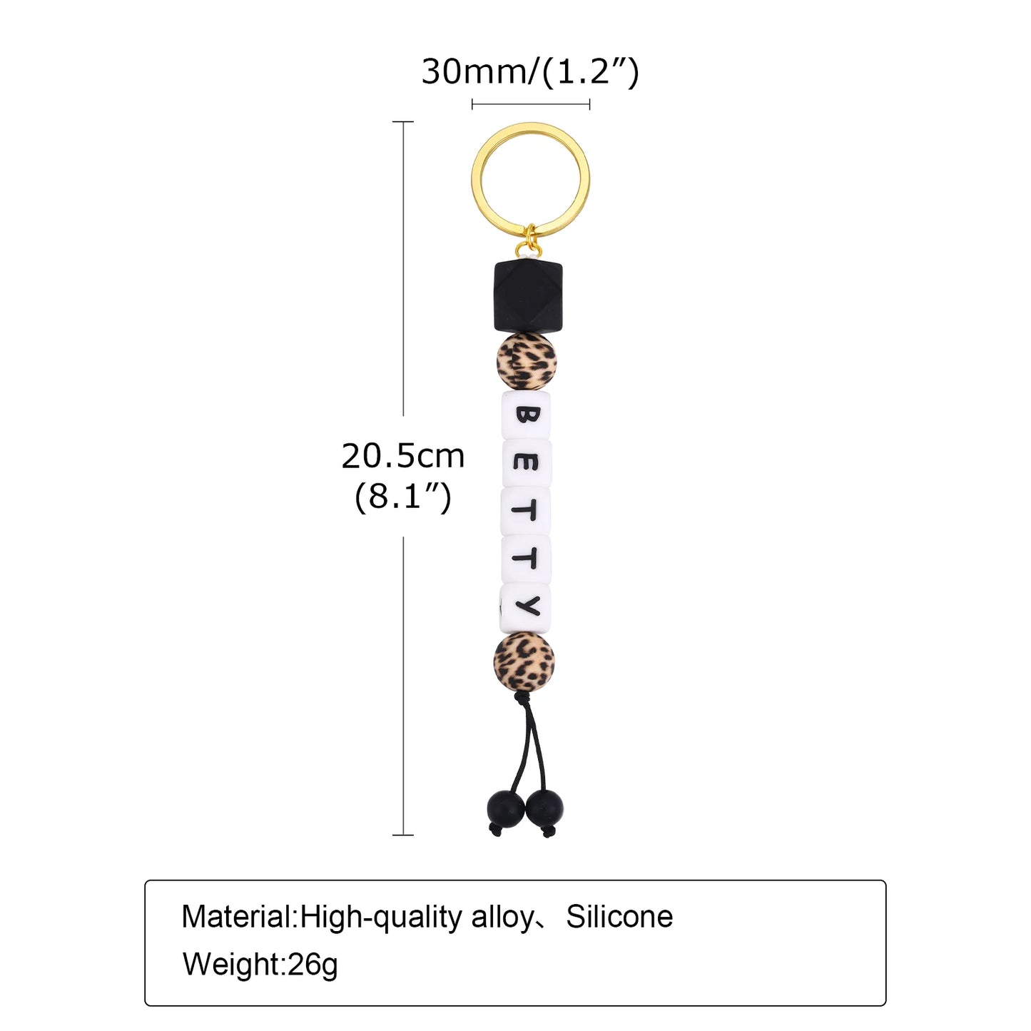 Hemasa Personalized 2-8 Letters Name Leopard Silicone Bead Keychain/ Fashion Bag Pendant Charm