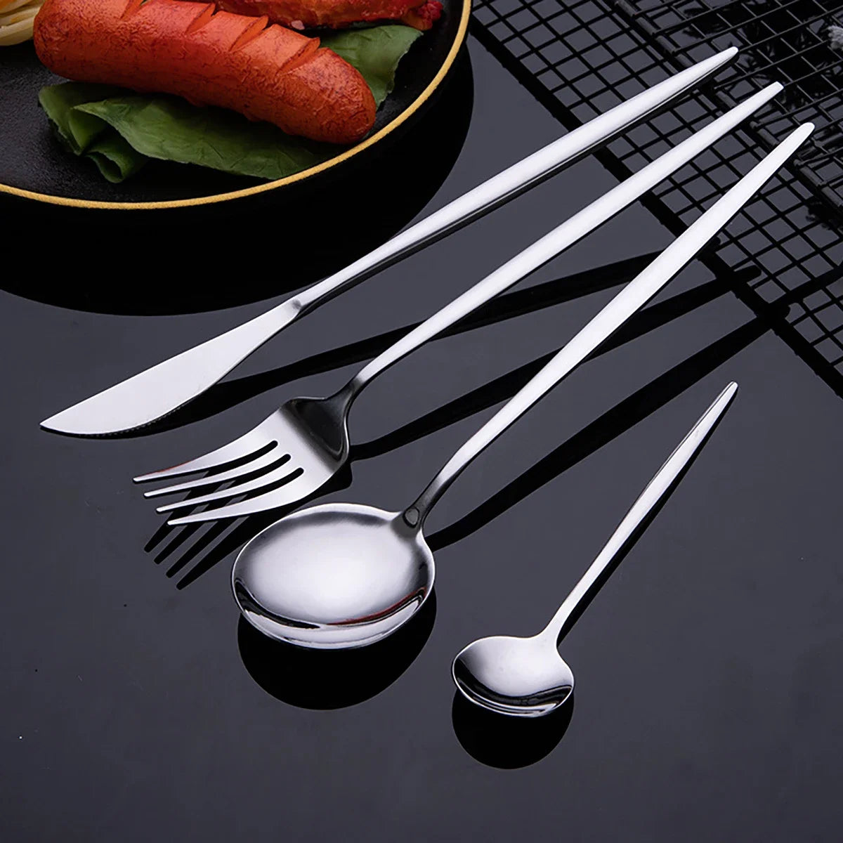 Hemasa 16Pcs Cutlery Set Stainless Steel Mirror TablewareDinner Black Gold Dinnerware Set Knife Fruit Fork Spoon Silverware Kitchen
