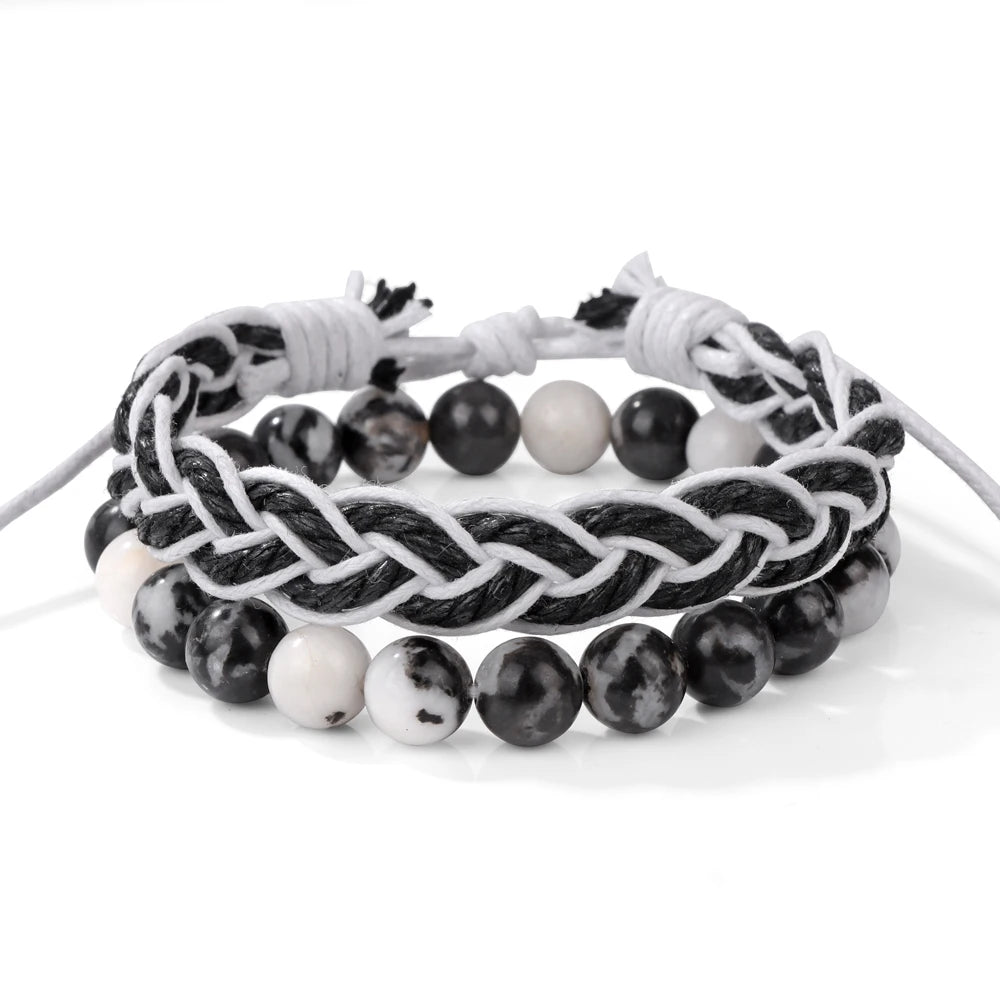 Tejesa 2pcs/set Boho Handmade Braided Rope Bracelet Natural Stone Lava Volcanic Beads Charm Bracelets Set Jewelry for Men Women Gift