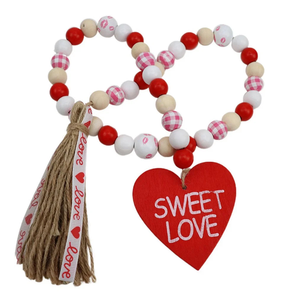Freeship Sweet Love Wood Beads Garland Valentine’s Day Tiered Tray Decors Beaded Garland with Tassels Heart Shaped Pendant