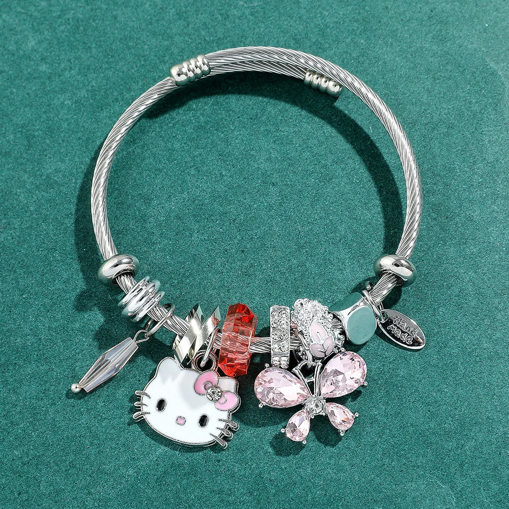 Sanrio Cartoon Charms Bracelets Kawaii Hello Kitty Beads Pendant Hand Chains Cute Bangle Jewelry Accessories Gifts for Girls