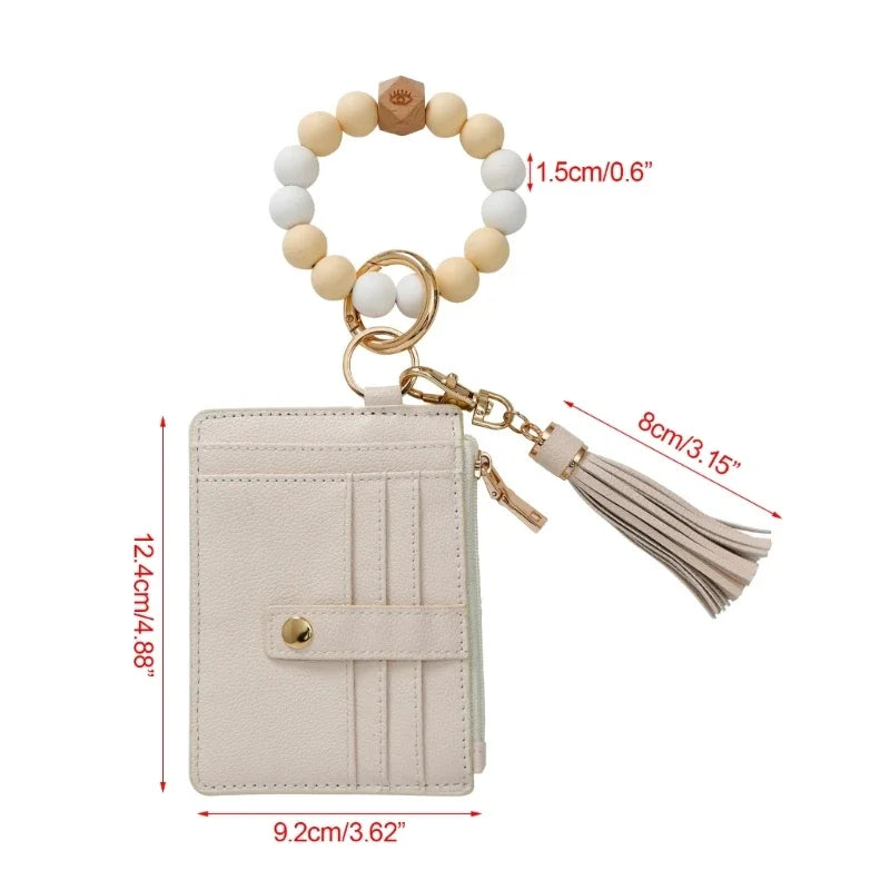 Wristlet Bracelet Keyring with Wallet for Women Silicone Beads Bracelet Key Chain Rings Card Holder Wallet Keychain