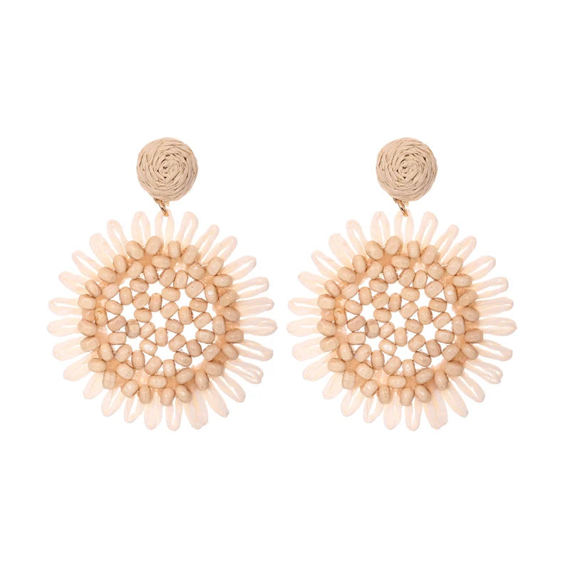 Bohemia Handmade Rice Bead Rattan Weaving Piercing Earrings for Women Sunflower Individualized Sunflower Fashion Trends Jewelry