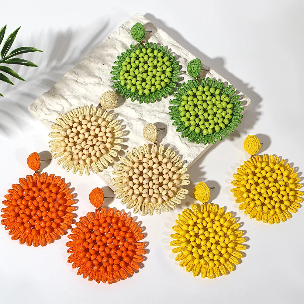 Bohemian Raffia Wood Beaded Flower Drop Earrings for Women Handmade Rattan Knit Floral Earrings Summer /Beach /Jewelry