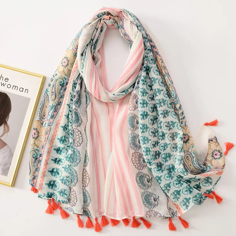 Tejesa Woman Shawl Fashion Design Tassel Cotton Scarf  /Floral Print Ladies Scarves