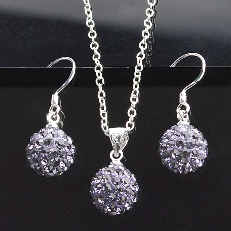 Brand Female Jewelry Set Women's Fashion Ab White Crystal 10mm Ball Drop Earrings Necklace Pendant Set Silver Color Wholesale
