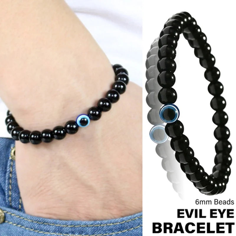 14PCS Turkish Evil Eyes Bracelet Black Natural Stone Beads Obsidian Men Braslet for Women Men Yoga Hand Jewelry Accessories