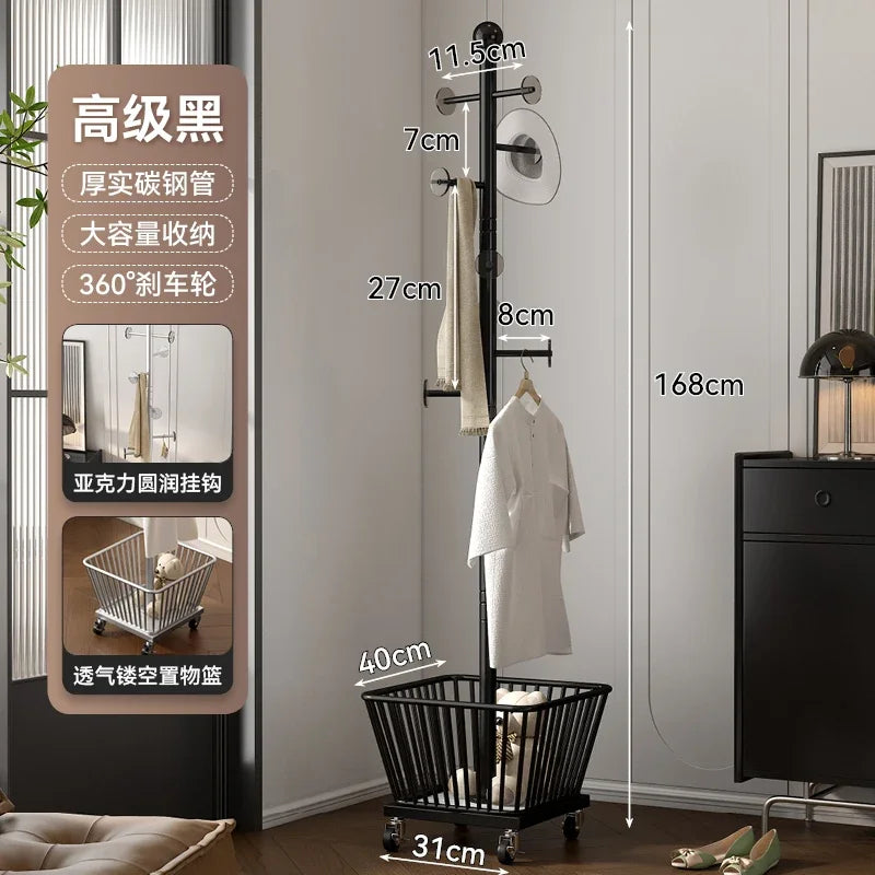 Standing Coat Rack with Basket, Entryway Coat Hanger Stand, Mobile Clothes Storage Rack with Wheels, Hallway