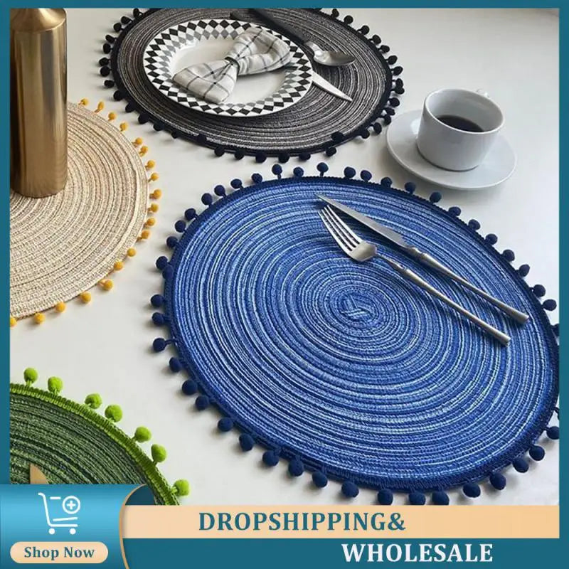 Hemasa Set of 4pcs Cotton Woven Rattan Heat-Resistant Tablemats with pom poms, Available in 7 colours