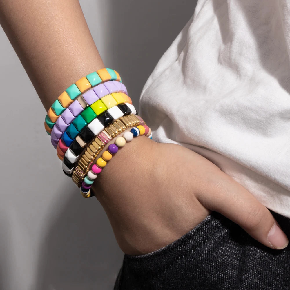 Tejesa Colorful Enamel Square Shape Rhombus Faced Bohemain Geometric Elastic Bracelets For Women