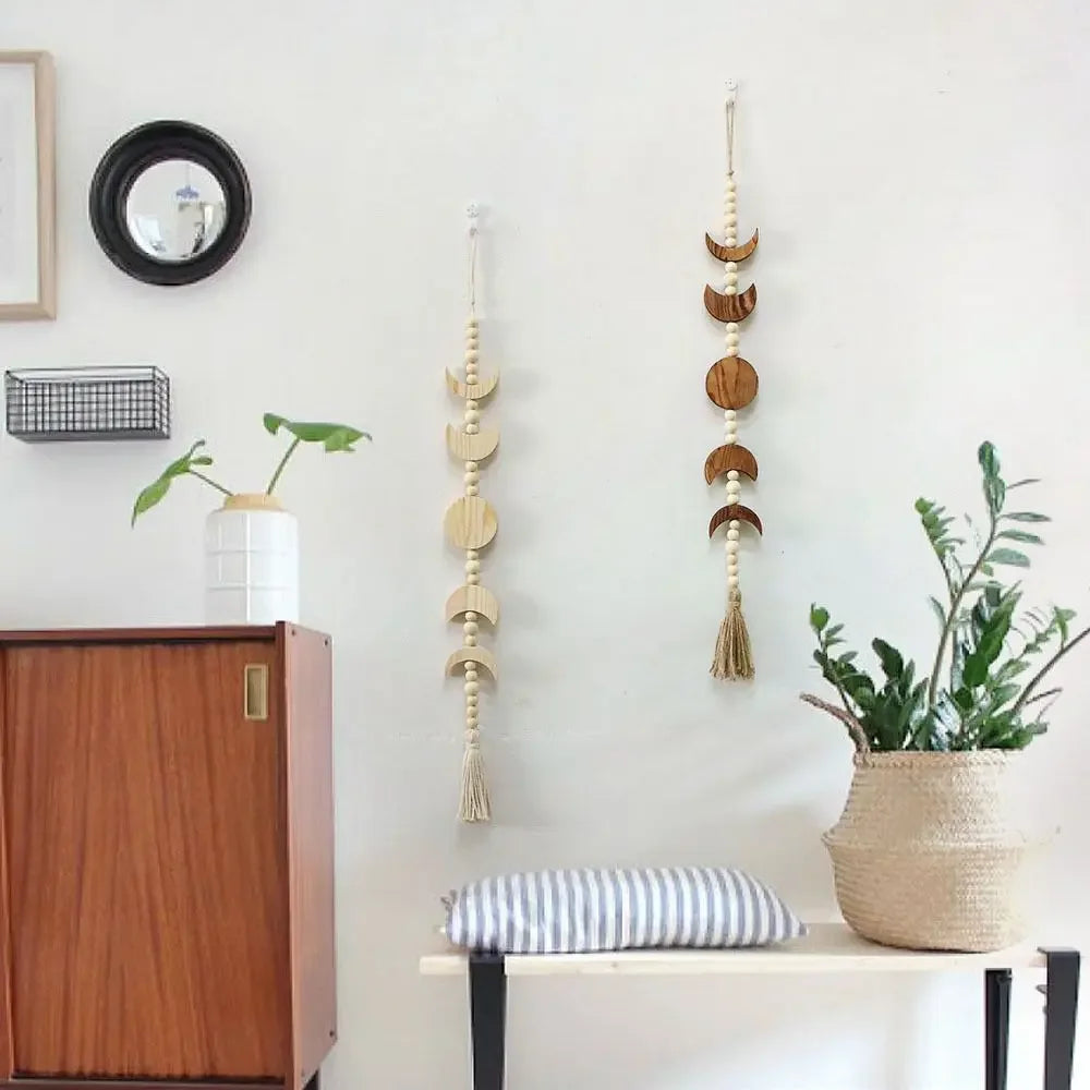 Wood Star Moon Phase Wall Hanging Garland Boho Beaded Moon Garland with Tassel Home Wall Decor