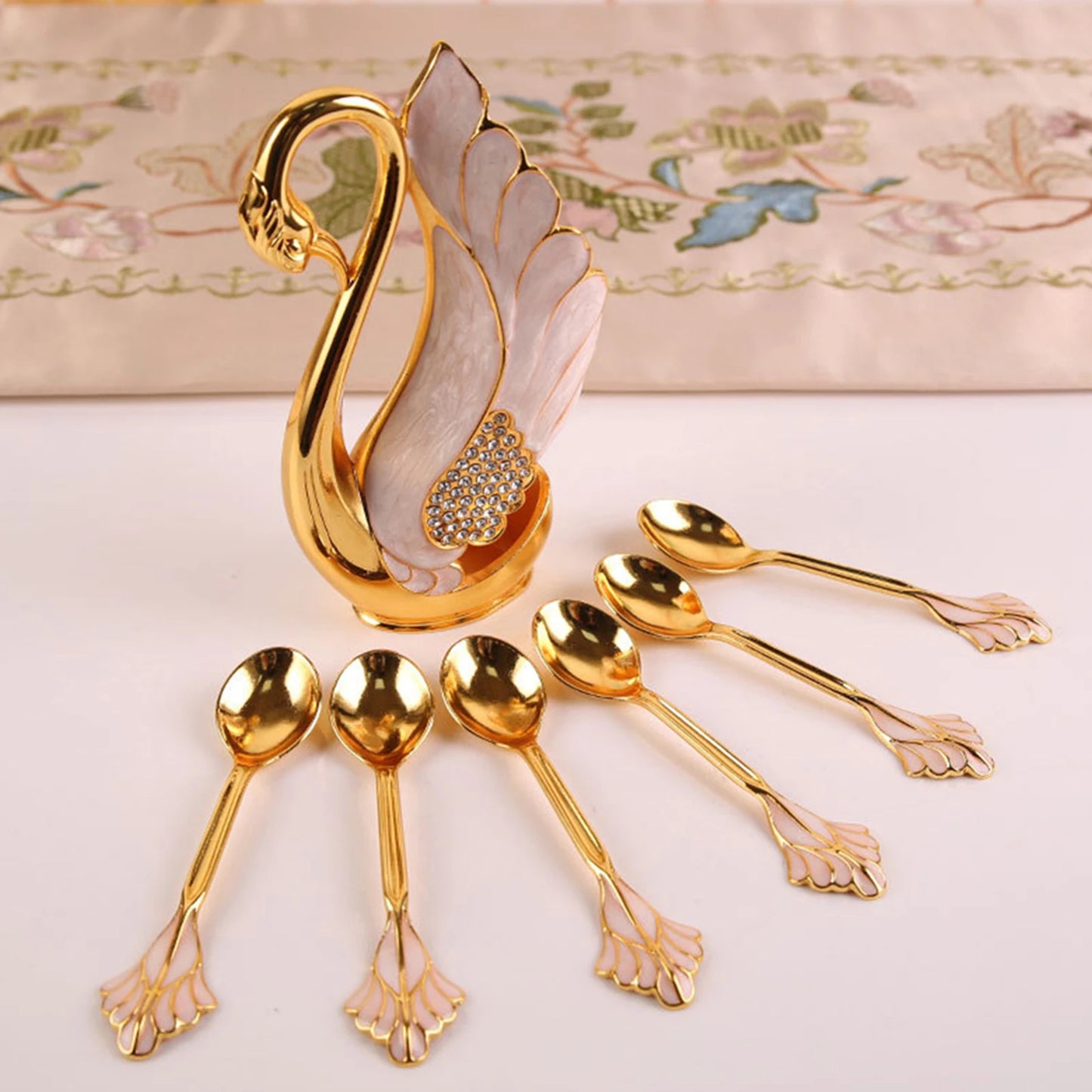 6Pcs Zinc Alloy Teaspoon For Dessert Ice Cream Stirring Coffee Small Spoons with Swan Base Holder Mini Gold Spoon Kitchen Gadget