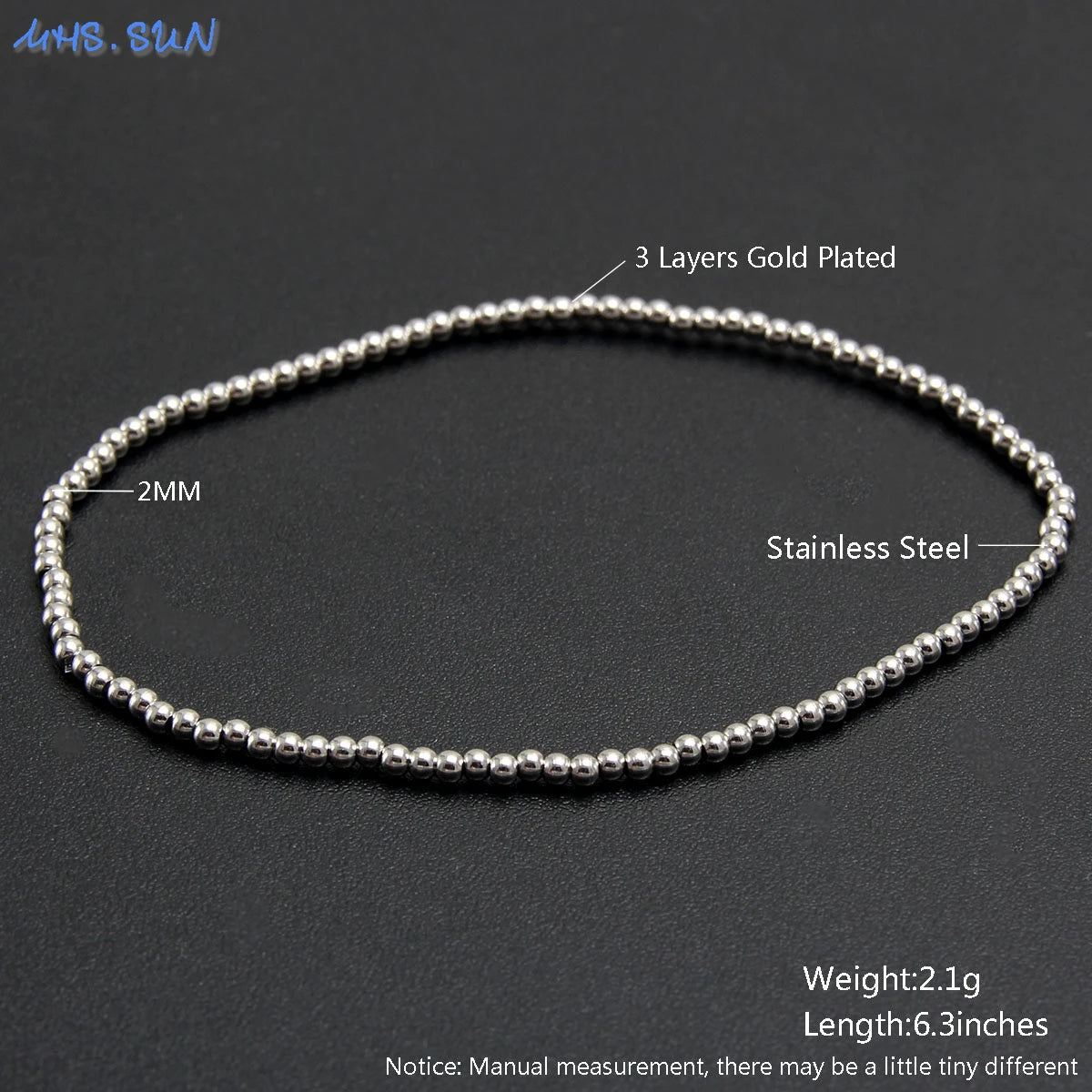 MHS.SUN Fashion Waterproof Smooth Stainless Steel Bracelets 2-10mm Elastic Beaded Gold Plated Stackable Bracelet Women Jewelry