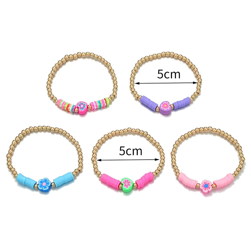 Hemasa 5Pcs/set Handmade Flower Heart Shape Polymer Clay Beads Bracelets  for  Girls