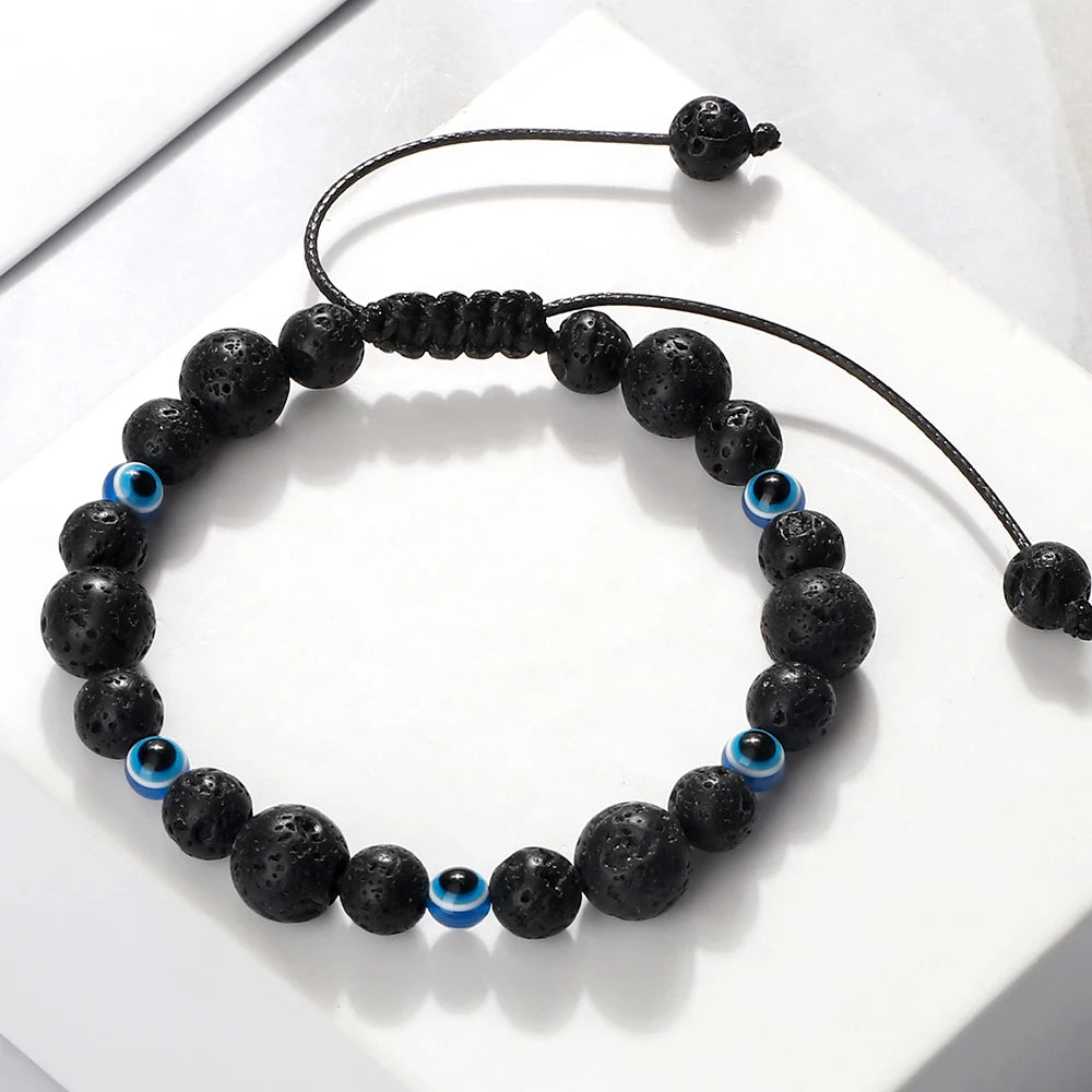 Blue Evil Eye Beaded Bracelets Natural Cat Eye Stone 6 8mm Opal Men Bangles Adjustable Women Bracelet Lucky Yoga Jewelry Gifts