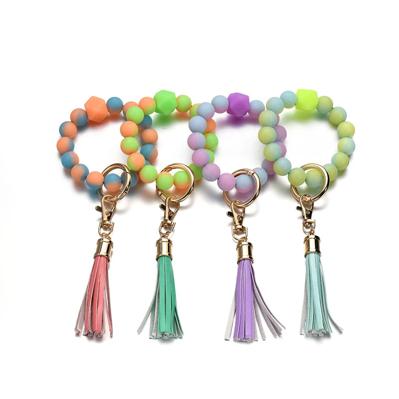 Hemasa Glow in the Dark Silicone Beads Keychain Keyring For Women Wristlet Bracelet Tassels Pendant Keychain Jewelry Accessory glows in the dark