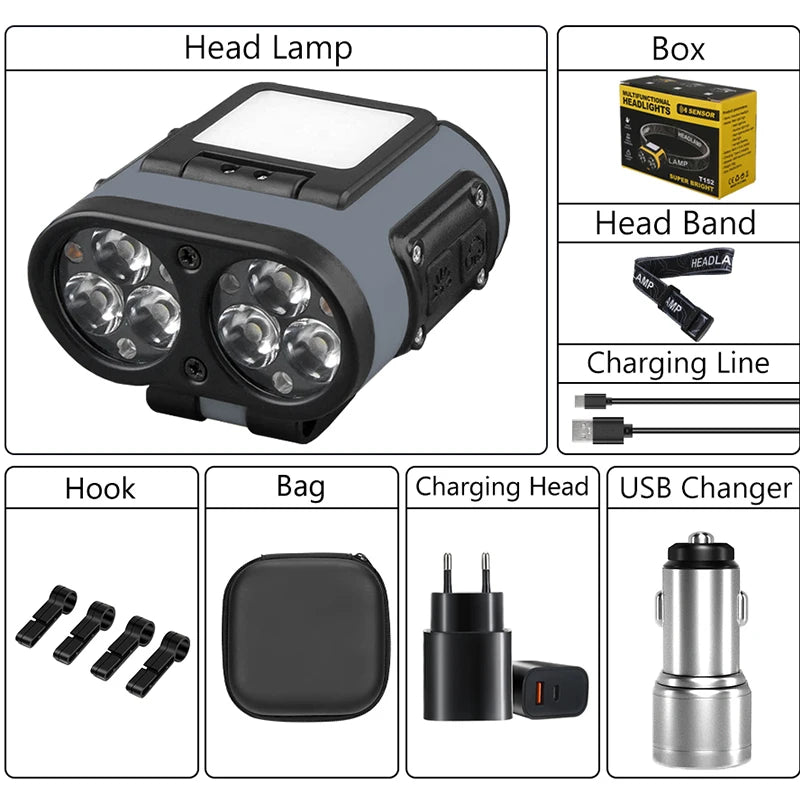Hemasa LED Smart Sensor Headlamp Cap Clip Light USB Rechargeable Flashlight  With Power Display Riding Fishing Camping Outdoor Torch