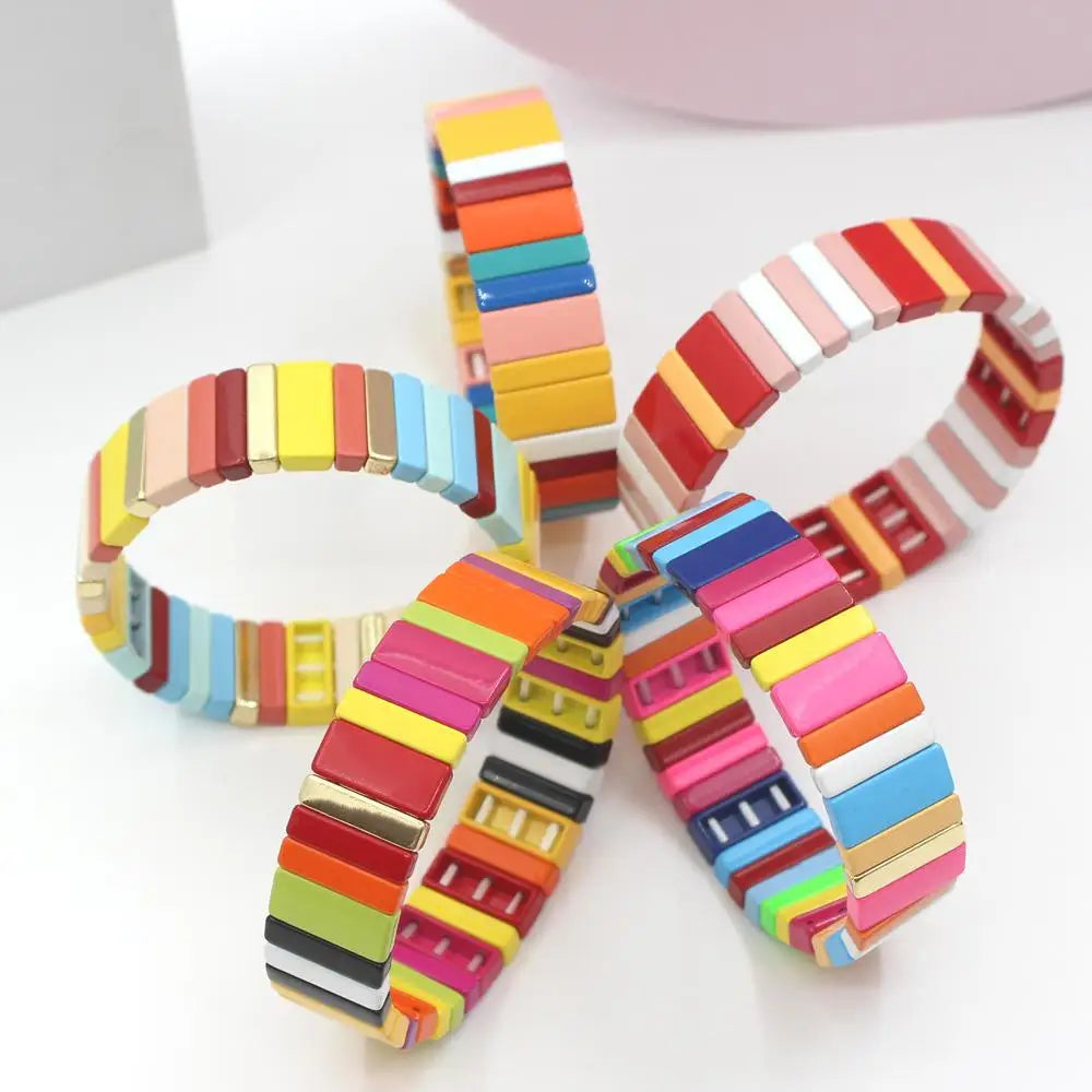Bohemian Fashion Enamel Ladies Bracelet Rectangular Rectangle Rainbow Lucky Bracelet Beaded Multilayer Stackable Couple Bracelet