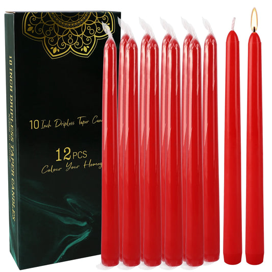 Hemasa  12 Pieces of 10inch Red Wax, Drip-Free, Smoke-Free, Fragrance-Free, Home Dinner Candles, Hand-Pulled, High-Quality, Suitable for Church, Family, Wedding, Party, Seasonal Celebrations, Emergency Situations and Home Decorations