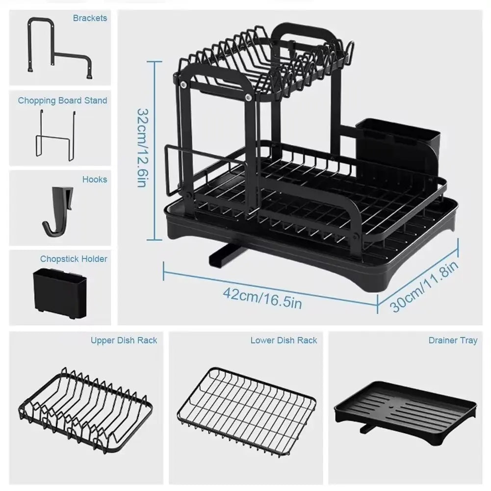 Hemasa 2 Tier Dish Bowl Drainer Storage Rack Kitchen Dish Drying Rack with Drain Basket