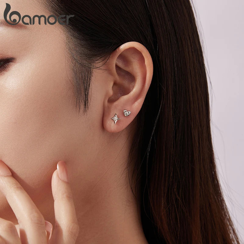 BAMOER Starlight Moissanite Screw-back Earrings, Mini Starburst Round Cut Lab Created Diamond for Women Engagement Gift S925