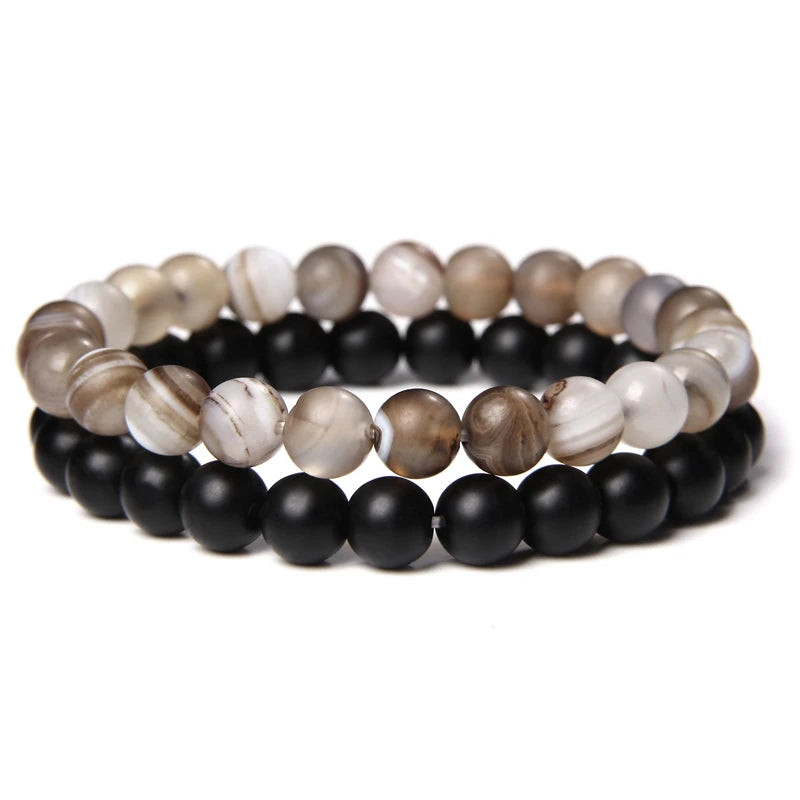 2pcs/set Beaded Bracelet Natural Stone Tiger Eye Hematite Beads Bracelet Men Energy Elastic Rope Bracelet Jewelry Couples Gifts