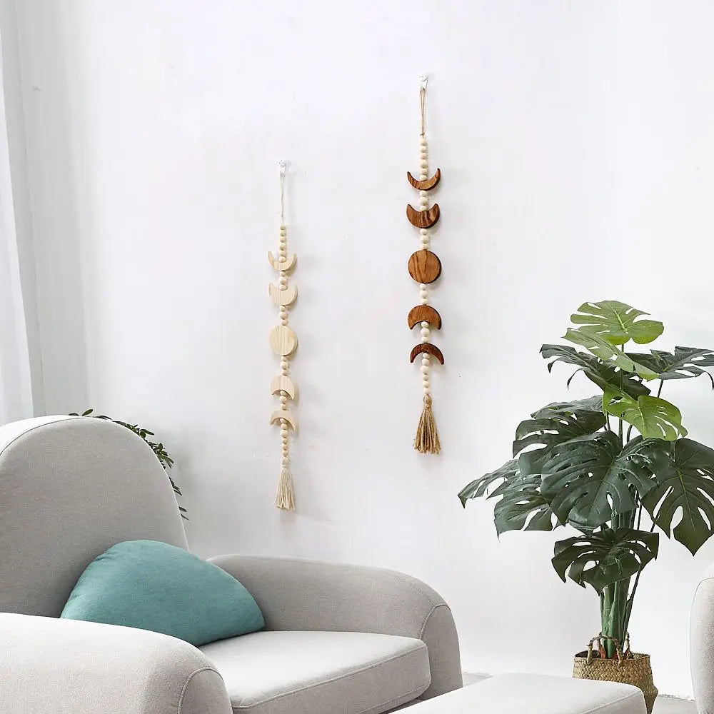Wood Star Moon Phase Wall Hanging Garland Boho Beaded Wood Moon Phase Moon Garland with Tassel Home Wall Decor