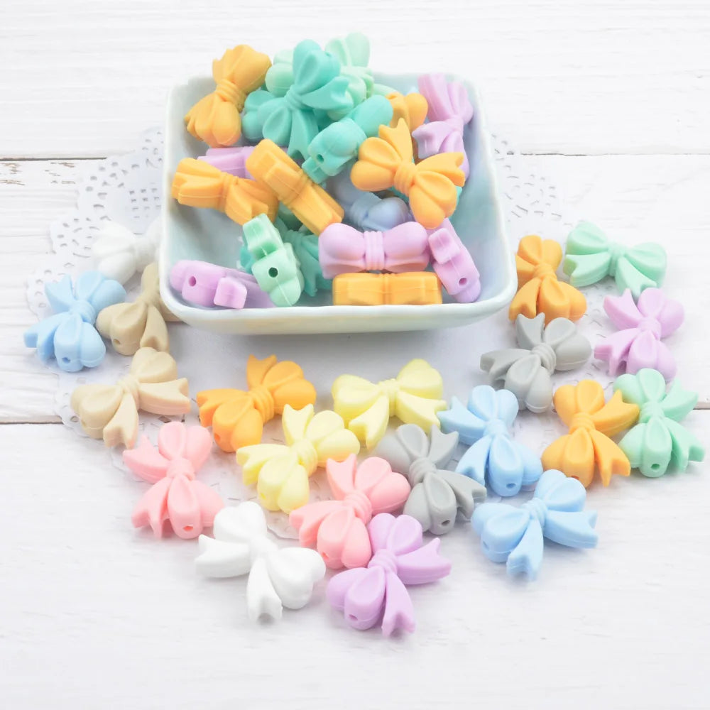 LOFCA Silicone Beads Bowknot 10pcs BPA Free Food Grade Silicone Teething Beads Pendant Chew Pacifier Chip Nursing Necklace Jewel