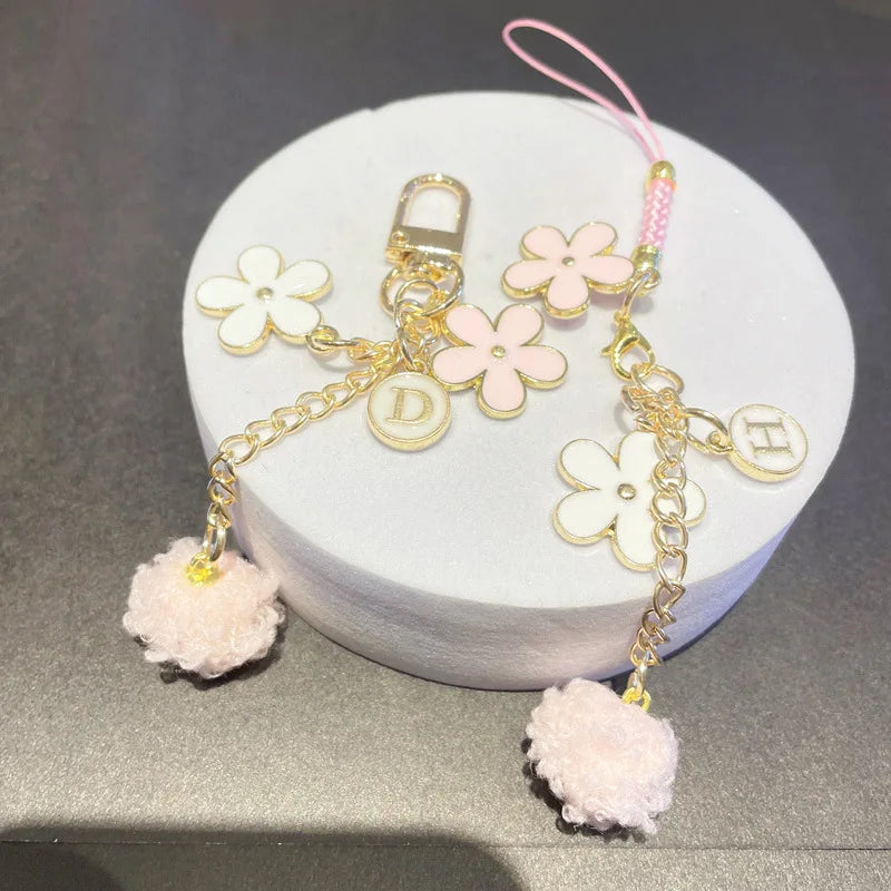 Fashion Imitation Pearl Flower Keychain Cute Sakura Rose Plush Ball Keyring for Women Girls Car Handbag Phone Pendant Accessorie