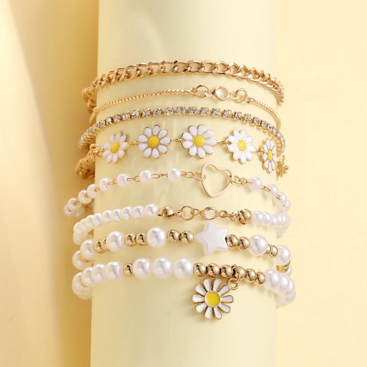 Multilayer Vintage Daisy Flower Imitation Pearl Beads Bracelet Set For Women Sweet Sunflower Heart Star Stackable Bangle Jewelry